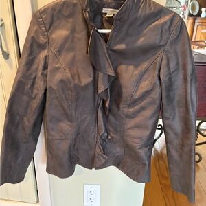 Boston Proper Dark Brown Leather Jacket. Ruffle